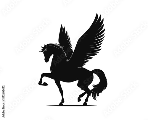 Silhouette of a rearing winged horse, a mythological creature, on white