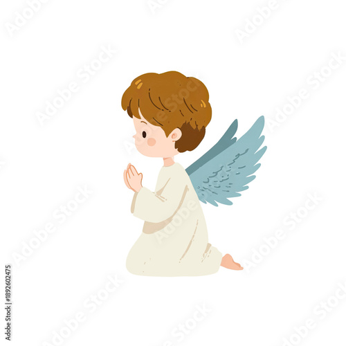 A charming cartoon angel child with brown hair and light blue wings, kneeling and praying