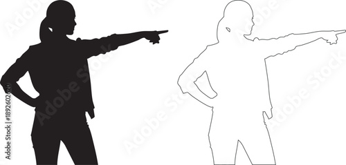 Black silhouette and outline of woman pointing right with hand on hip