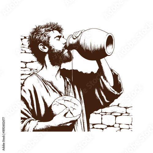 Man drinking from a jug with a bread in hand