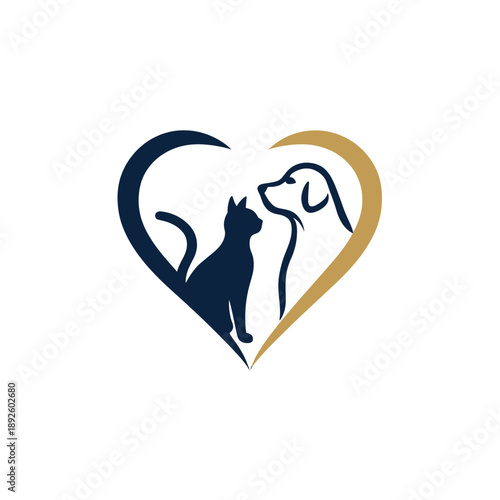 Stylized heart with a dark blue cat and golden dog silhouette on white background