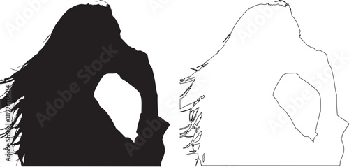 Black silhouette and outline of woman with long hair