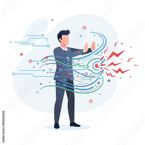 Businessman in a suit deflecting digital threats and managing data streams, symbolizing cybersecurity and information protection.