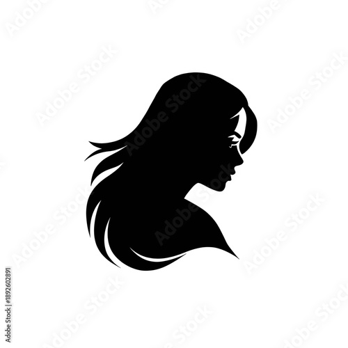 Black silhouette of a woman's head with flowing hair, isolated on white background