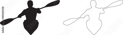 Silhouettes of kayakers paddling on white background kayaking