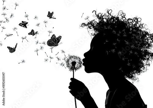 Silhouette of a person blowing a dandelion, seeds become butterflies against white