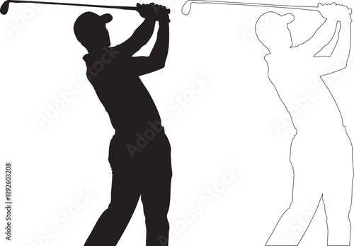 Silhouettes of two golfers swinging golf clubs black white