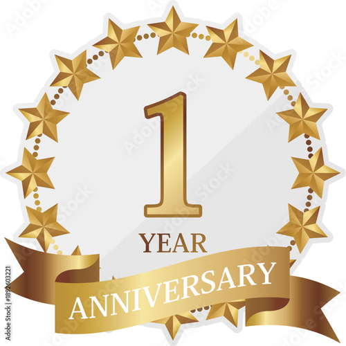 高級感のある星の1周年記念エンブレム　ホワイト＆ゴールド