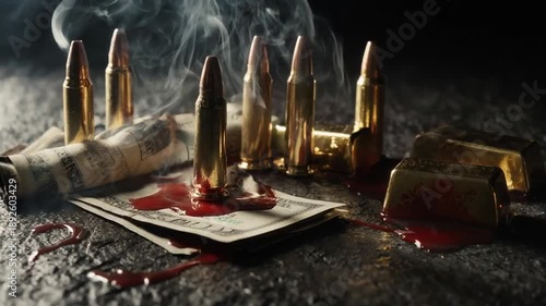 On a dim, gritty surface, smoking brass cartridges stand amid smeared blood, crumpled dollar bills, and small gold bars, suggesting a violent exchange and the grim aftermath of a heist.