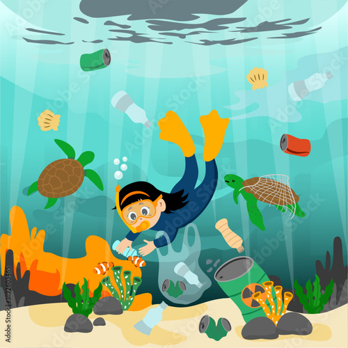 Cute little kid picking up plastic trash in the sea. Plastic pollution in the ocean. Stop plastic pollution in the ocean. The seabed is polluted with plastic equipment, bottles, and bags. Vector illus