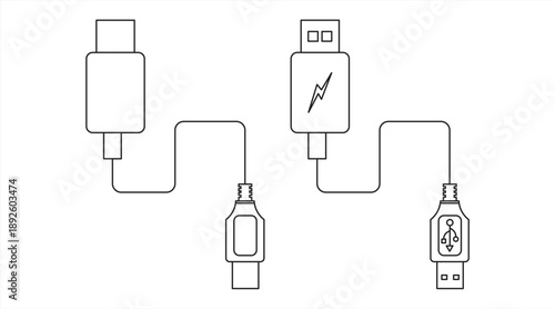USB cable line icon, with flat design, modern charging cable symbol, on white background, for website design, mobile app, logo, UI, vector illustration.

