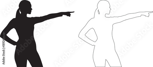 Silhouettes of woman pointing with ponytail and hand on hip