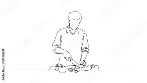 A chef carefully chops vegetables on a cutting board, showcasing the art of food preparation with a simple, elegant line drawing