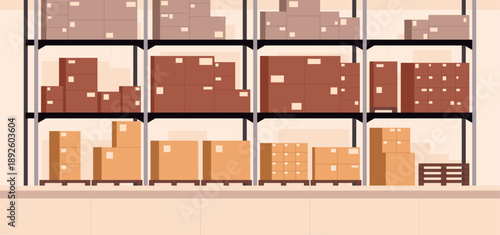 Empty factory warehouse with carton boxes on metal shelves, warehouse interior panaromic backgrounds for goods storage, inside stock room, cargo shipping for delivery flat vector illustration.