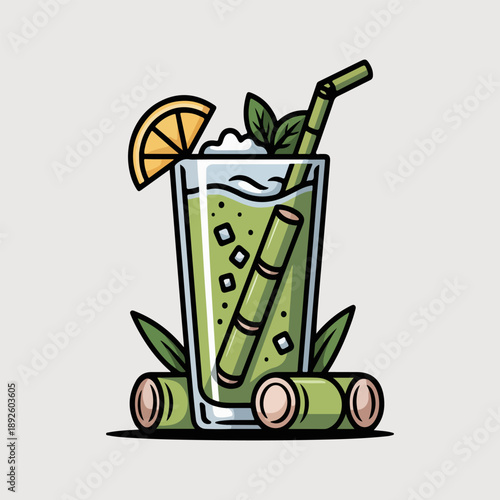 Sugarcane Juice Vector Illustration of Fresh Tropical Drink with Sugar Cane Sticks and Lemon