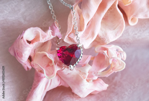 ewelry. Metal chain (necklace) with stylish pink heart pendants on soft silk fabric. Petals of rose creating, tender, romantic atmosphere. Valentine's day,  mother's, woman's day, love holidays.