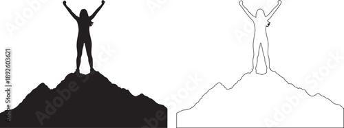 Silhouettes of woman standing on mountain peak with arms raised