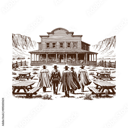 Cowboys approaching a saloon in the wild west