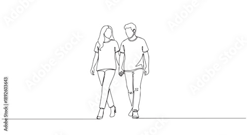 Couple walking together, a simple and elegant single-line drawing representing love and companionship
