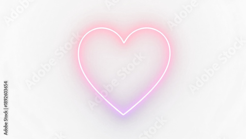 Romantic glowing pink neon heart outline with soft light radiance on a minimalist grey surface isolated on white or transparent background