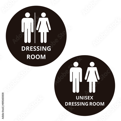 Black dressing room and unisex dressing room round banners isolated on a white background