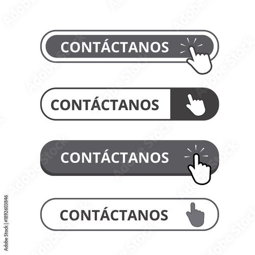 White and gray contactanos button with a hand clicking on a white background (trad. contact us)