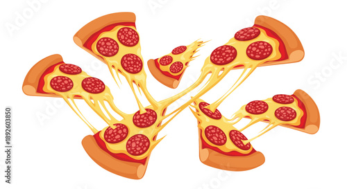 Multiple Slices of Pepperoni Pizza Connected by Long Strings of Stretching Melted Cheese