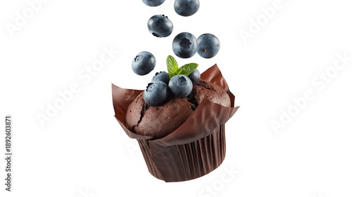 A floating chocolate muffin isolated on a pure white background, realistic food photography. The muffin has a cracked chocolate top, topped with fresh blueberries and a small mint leaf. Several bluebe