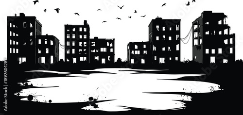 Abandoned ruined city silhouette landscape with destroyed buildings, flying birds, urban decay, post apocalyptic scene and dramatic dark skyline