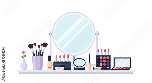Beauty Vanity Table with Round Mirror Makeup Brushes Lipsticks and Eyeshadow Palettes on White
