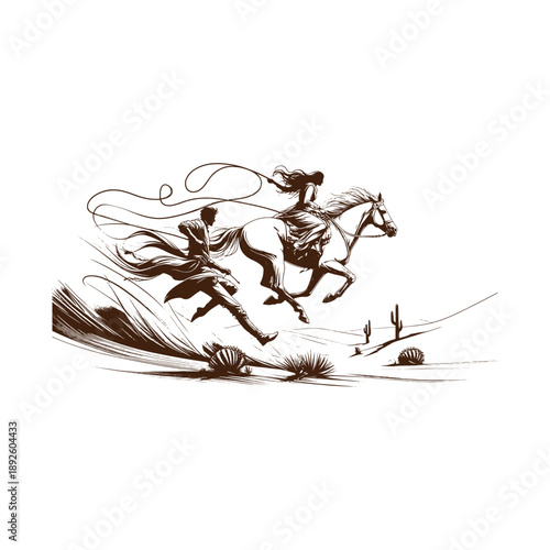 Man running beside horseback rider in desert landscape