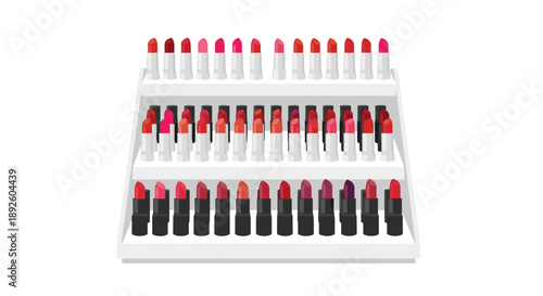 Three Tier Display Stand Filled with Various Shades of Red Pink and Purple Lipsticks on White