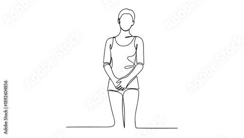 Continuous one-line drawing of a young woman standing gracefully with hands clasped, illustrating simplicity and minimalist design
