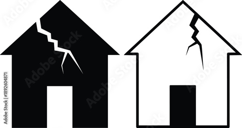 Cracked house silhouette icon set earthquake damage risk warning home insurance disaster safety structural failure concept black white vector illustration