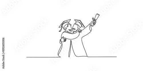 One continuous line drawing of two happy university graduates hugging and celebrating their success.