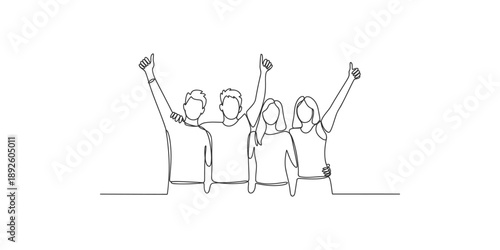 A minimalist continuous line drawing depicting a group of friends celebrating success together.