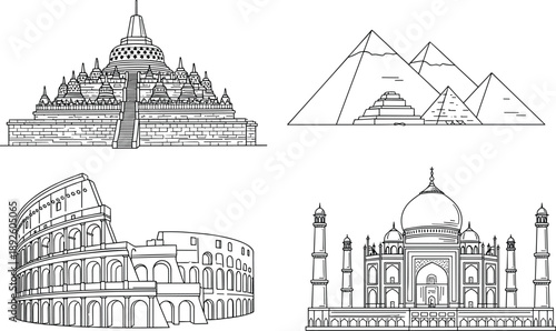 Famous world monuments line art collection including Taj Mahal, Colosseum, Pyramids and Borobudur temple architectural illustration set