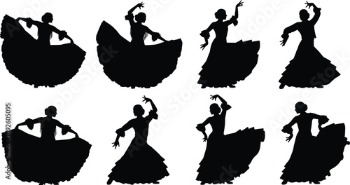 Flamenco dancer silhouette set showing elegant Spanish dance poses, traditional costume movement, cultural performance and dramatic artistic illustration