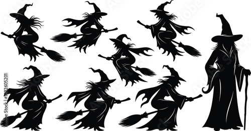 Flying witch silhouette set on broomstick for Halloween magic, fantasy spell, dark fairy tale, horror decoration illustration