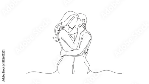 Continuous line drawing of a loving couple embracing and kissing