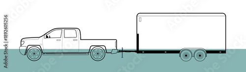 A pickup truck tow 2 axle closed trailer. Vector illustration.