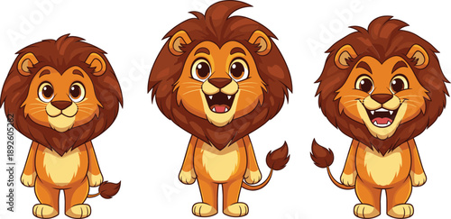 Cute cartoon lion character set with different expressions, funny animal mascot illustration for kids design.