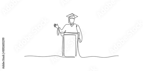 Continuous line drawing of graduate student giving a speech at a podium