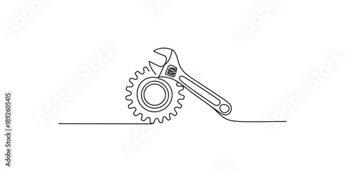 Continuous line drawing of a wrench and gear symbolizing engineering and repair work