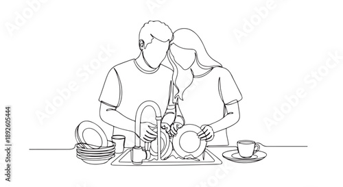Supportive Couple Engaged in Daily Household Chores, Washing Dishes Together, Symbolizing Partnership and Shared Responsibilities in a Minimalist Illustration