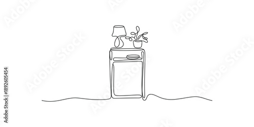 Minimalist single line art drawing of a nightstand with a table lamp and potted plant