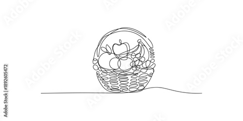 Continuous line drawing of a wicker basket overflowing with fresh fruits and produce