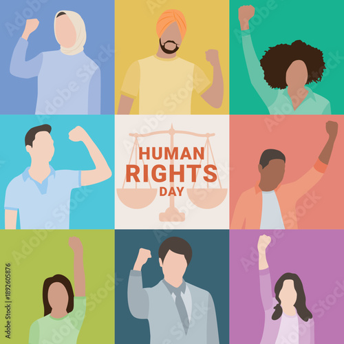 Colorful grid of diverse individuals raising fists, representing equal voices, inclusion, empowerment, and shared human rights across communities.