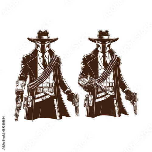 Two masked gunslingers standing ready
