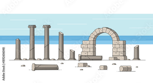 Ancient Greek or Roman Ruins with Columns and an Archway on a Beach Near the Sea